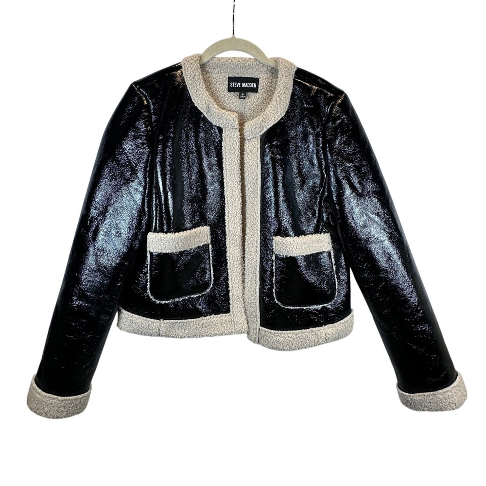 Steve Madden Womens Black Patent Faux Leather Shearling Trim Jacket BO302502 S